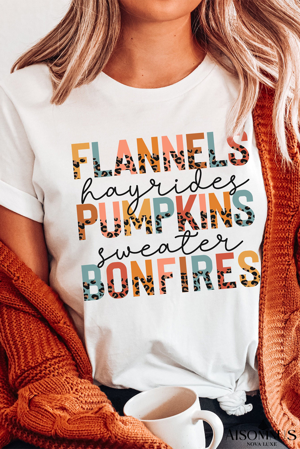 White FLANNELS PUMPKINS BONFIRES Chic Letter Graphic Tee