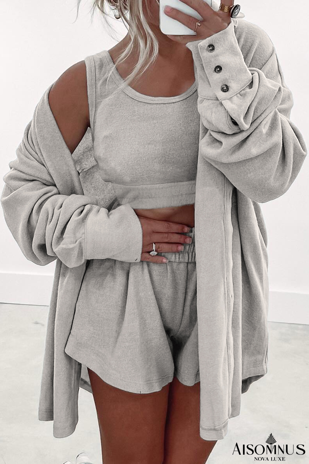 Gray Shirred Hem Crop Tank Top Loose Shorts Cardigan 3 Piece Pajama Set
