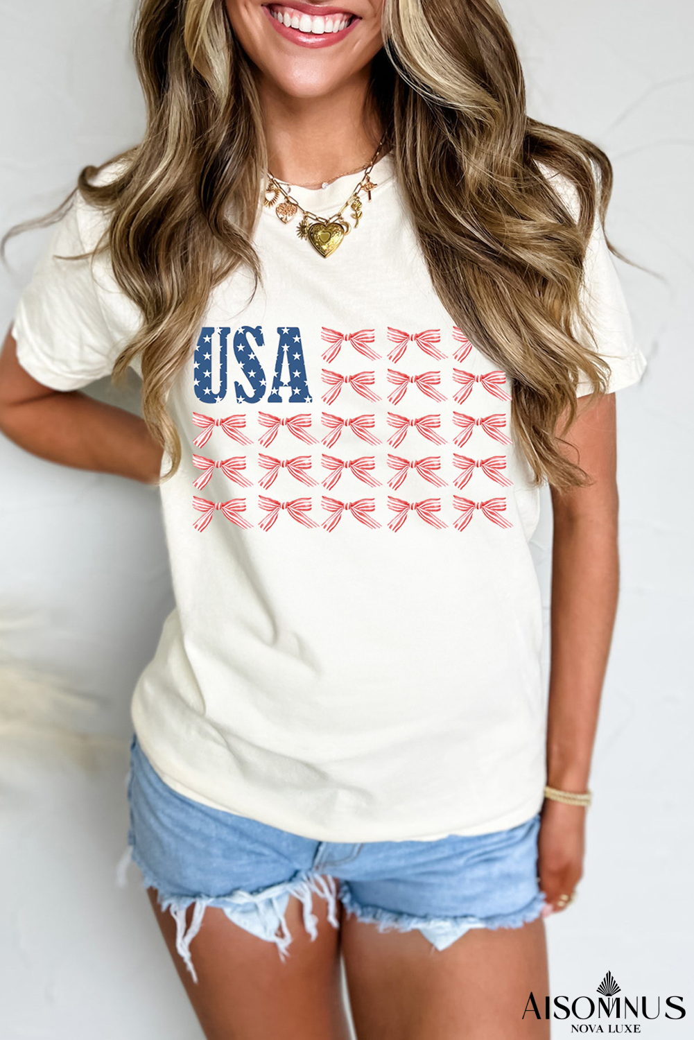 White USA Flag Bow Knot Print Round Neck T Shirt