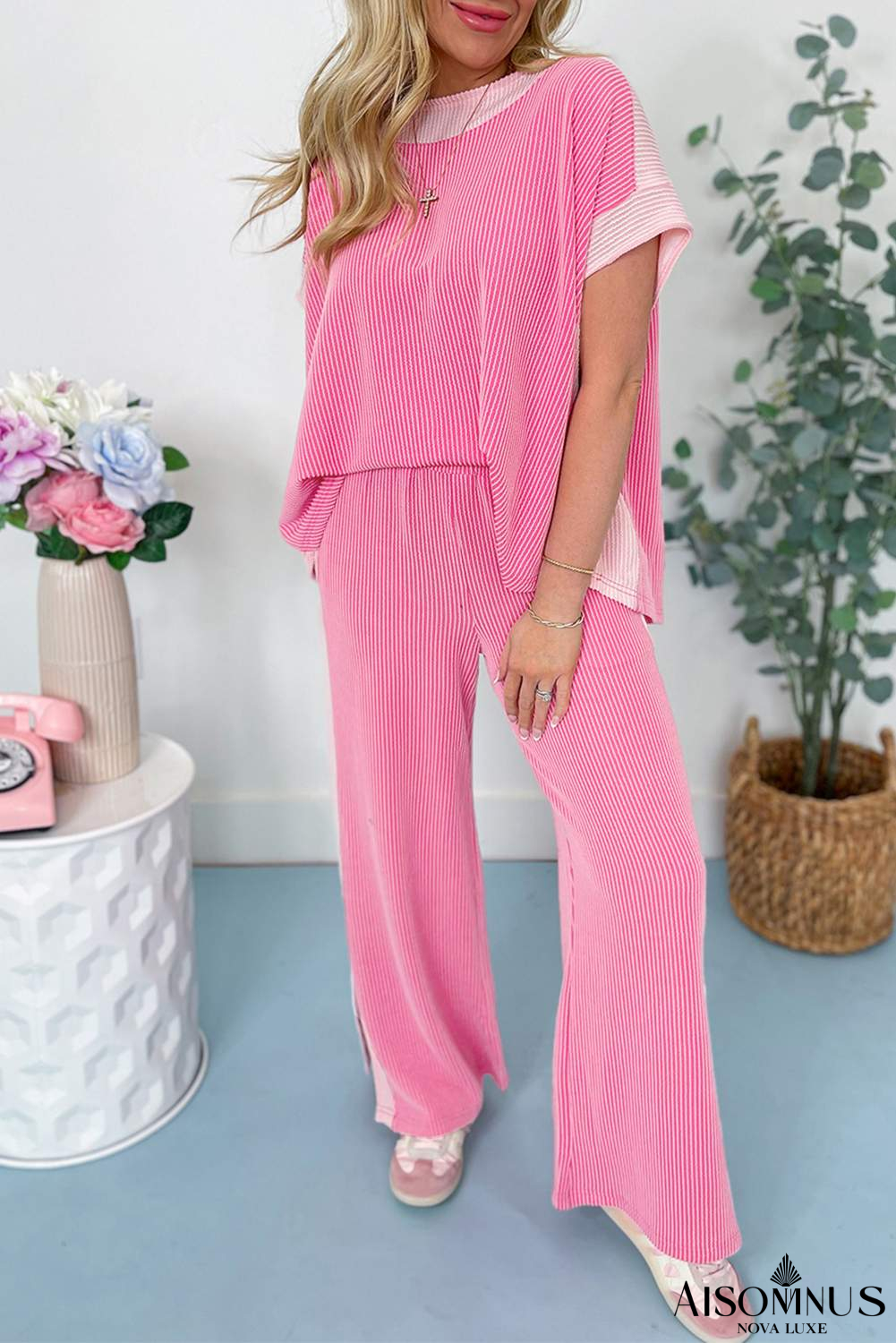 Sachet Pink Colorblock Patchwork Corded Pants Set