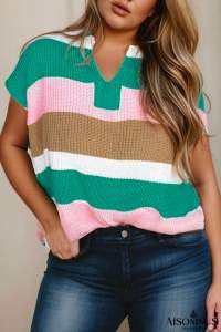 Multicolour Colorblock Notch V Neck Plus Size Knit T Shirt