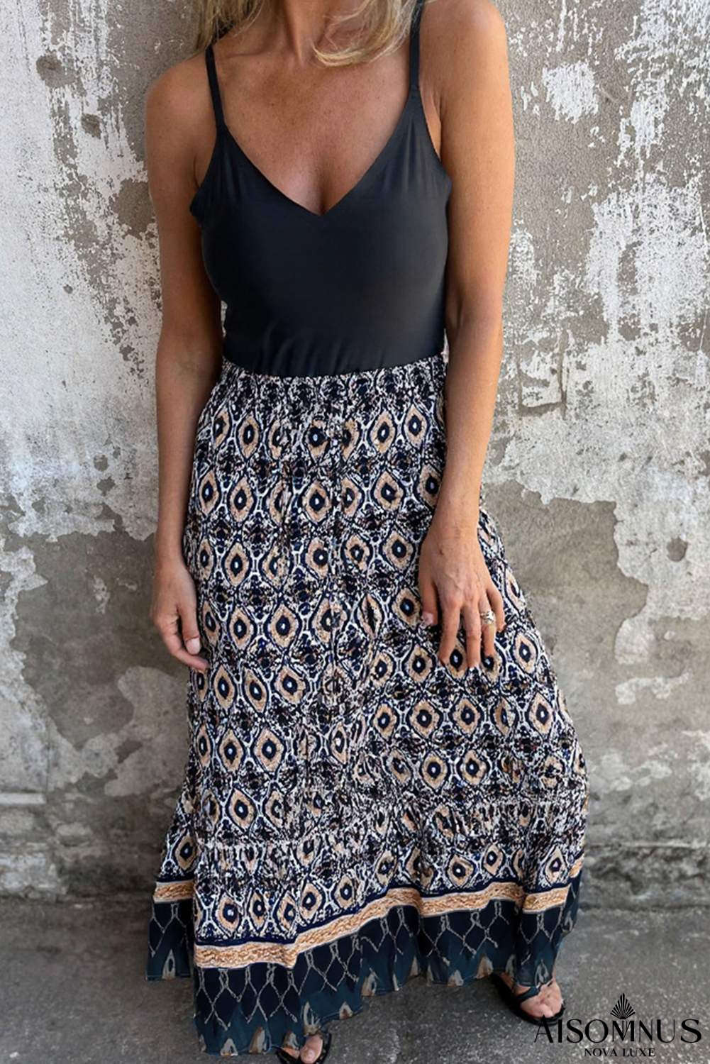 Blue Boho Ethnic Print Tiered Maxi Skirt