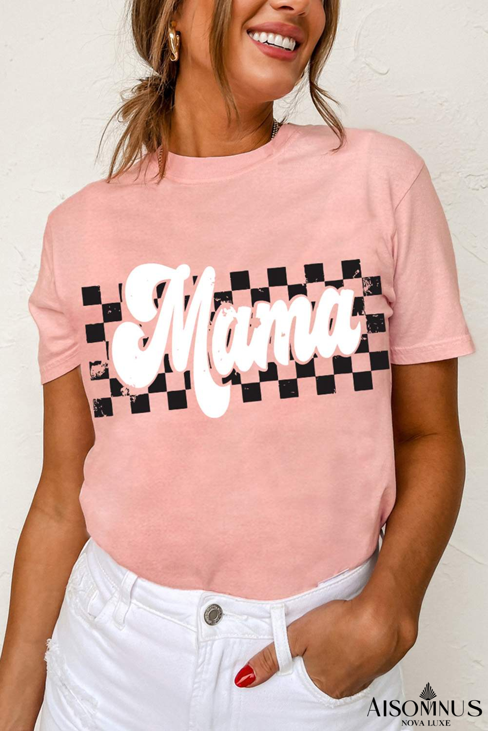 Pink Mama Checkered Graphic O Neck Casual T Shirt