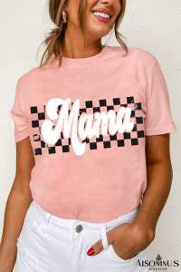 Pink Mama Checkered Graphic O Neck Casual T Shirt