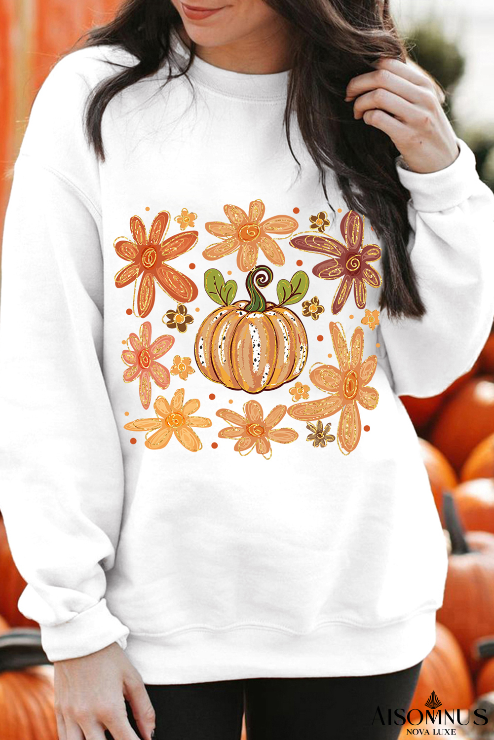 White Flower Pumpkin Printed Cotton Blend Sweatshirt