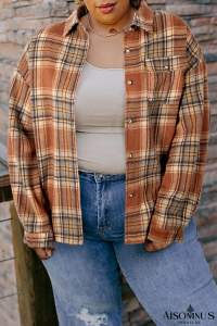 Brown Plaid Print Flap Pocket Button Plus Size Shirt