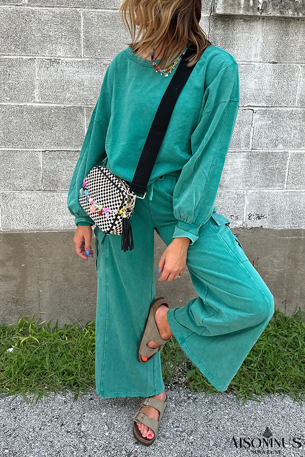 Lapis Mineral Wash Pullover and Wide Leg Cargo Pants Set