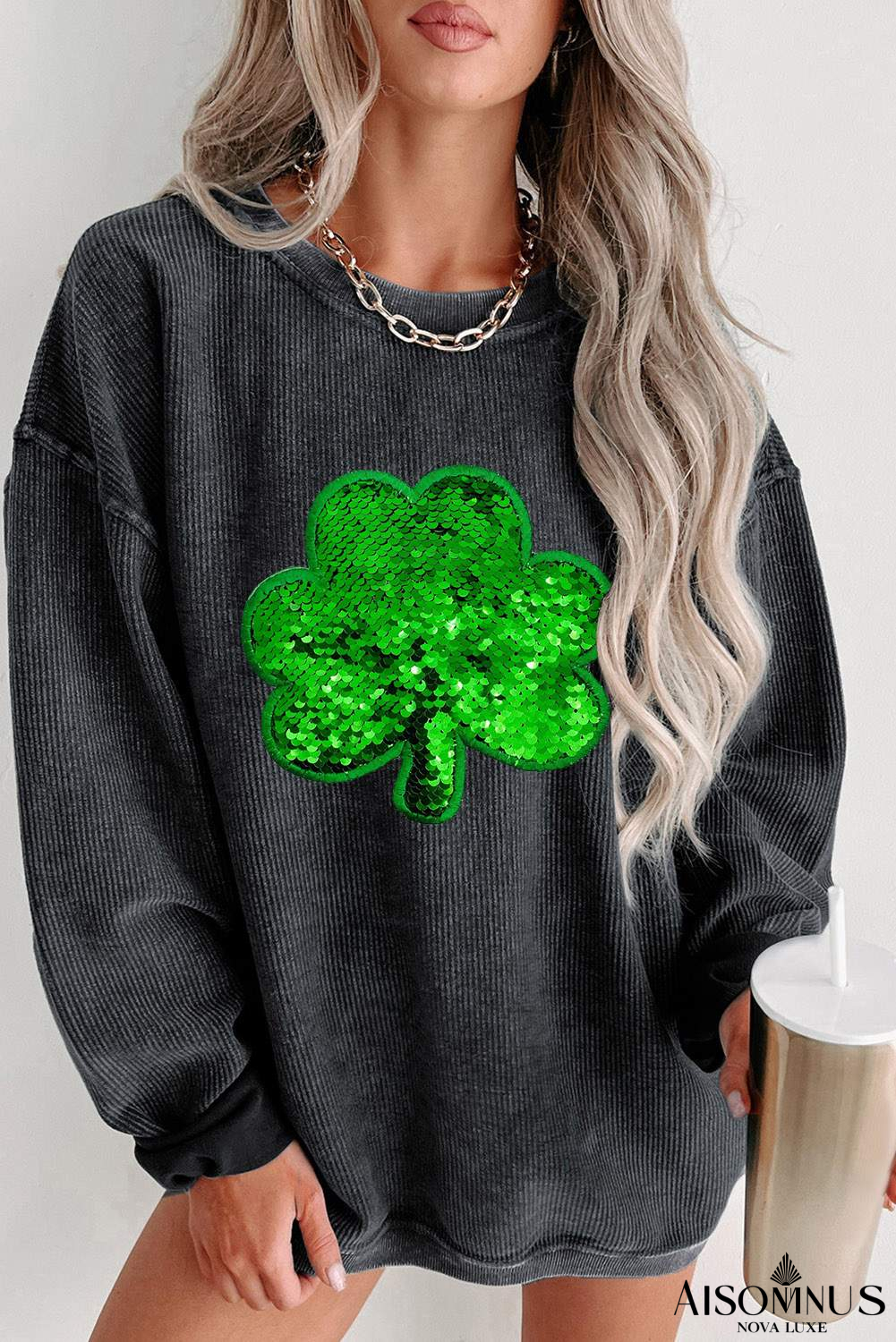 Black Sequin Embroidered Clover Corded Graphic Sweatshirt