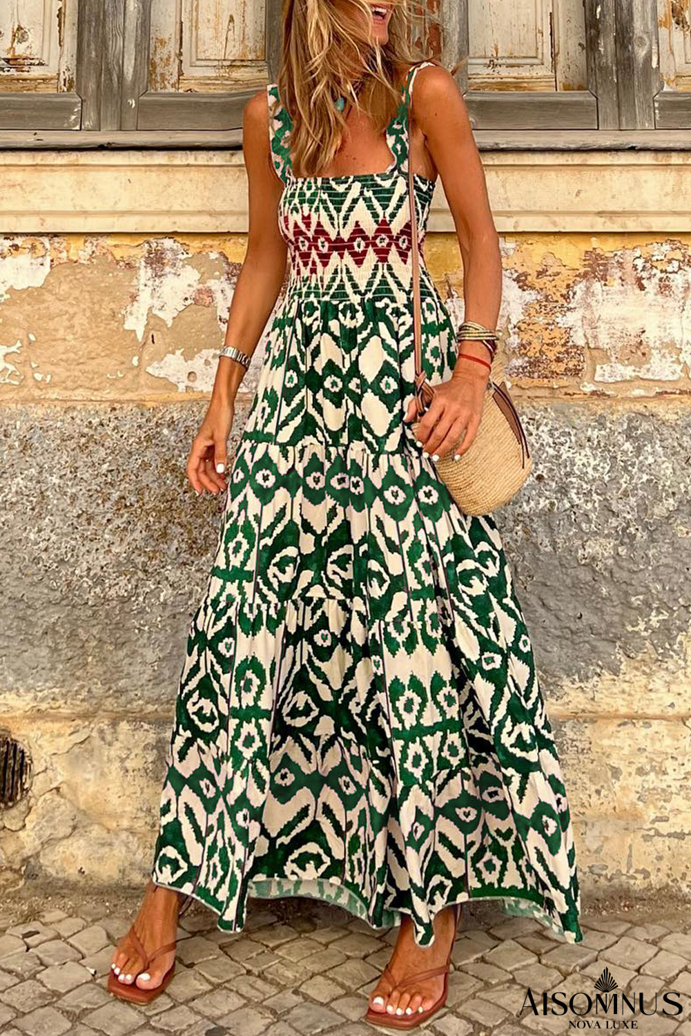 Green Boho Shirred A line Sleeveless Maxi Dress