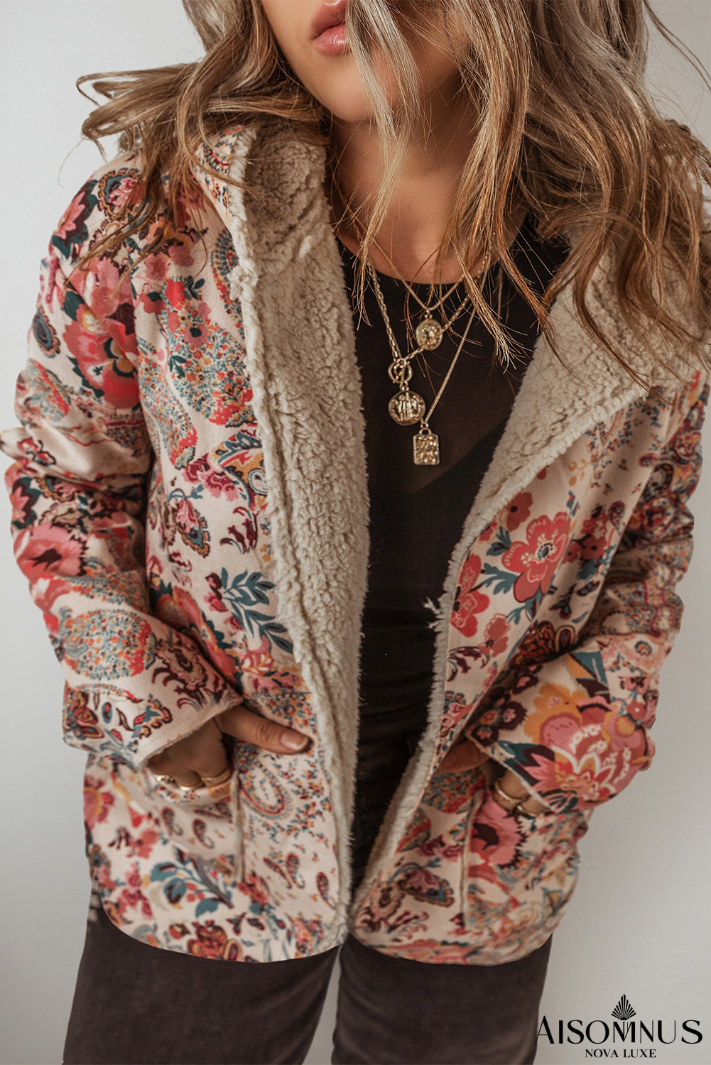 Beige Vintage Paisley Floral Printed Sherpa Lined Hooded Jacket