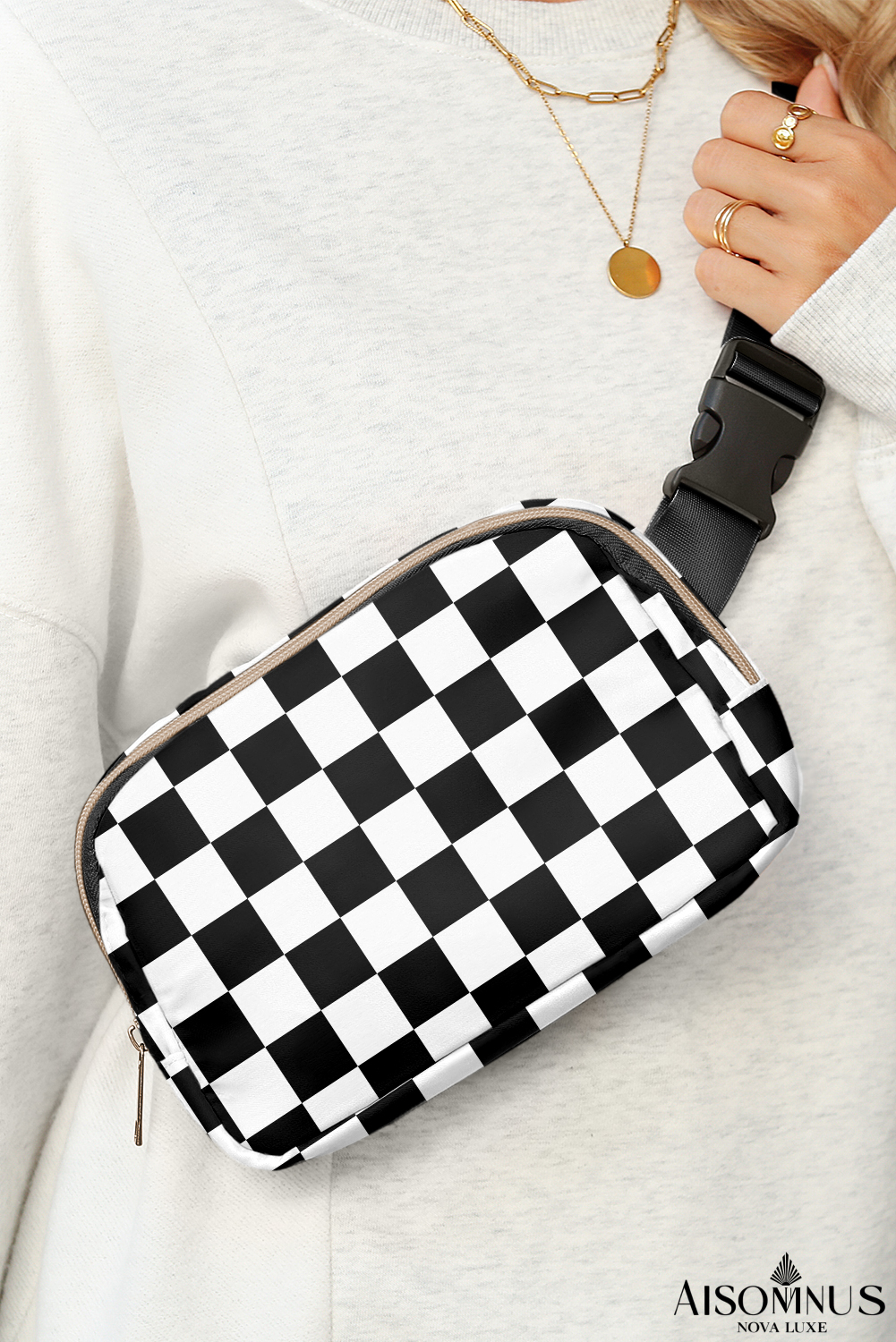White Checkered Print Buckle Wide Belt Crossbody Bag