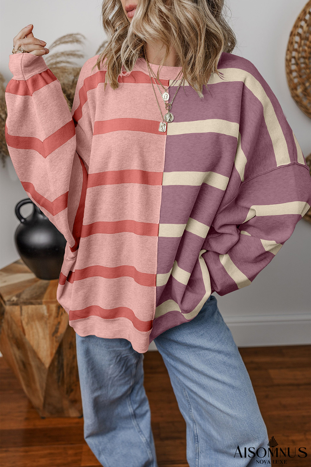 Pink Striped Patchwork Drop Shoulder Sweater