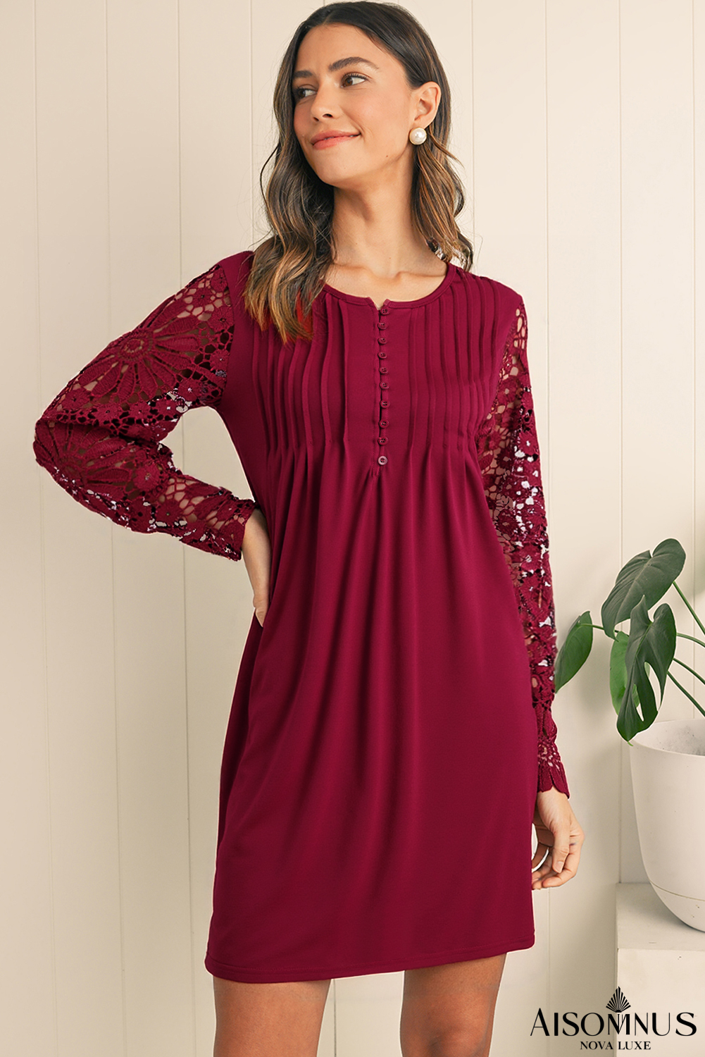 Burgundy Pleated Lace Sleeve Shift Mini Dress