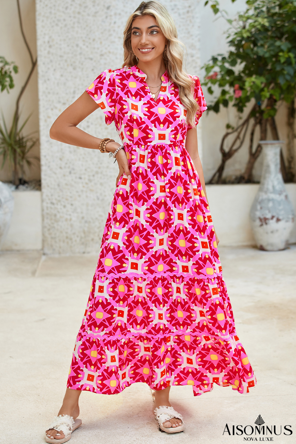 Strawberry Pink Abstract Print Pleated Flounce Sleeve Maxi Dress