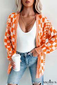 Orange Checkered Open Front Drop Shoulder Cardigan