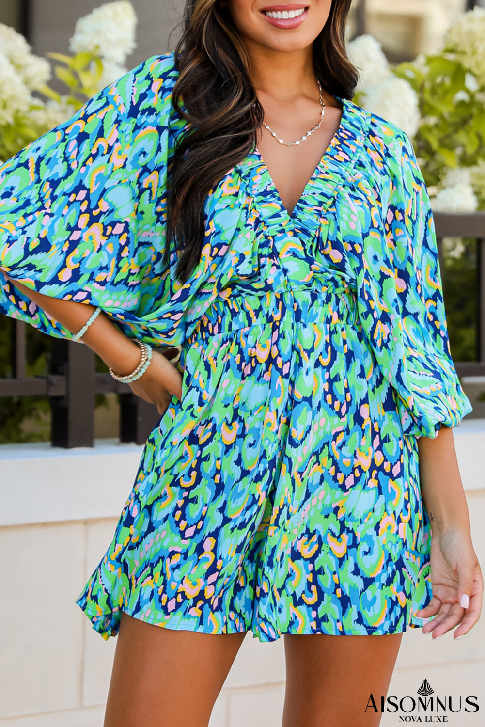 Green Abstract Print Batwing Sleeve V Neck High Waist Romper