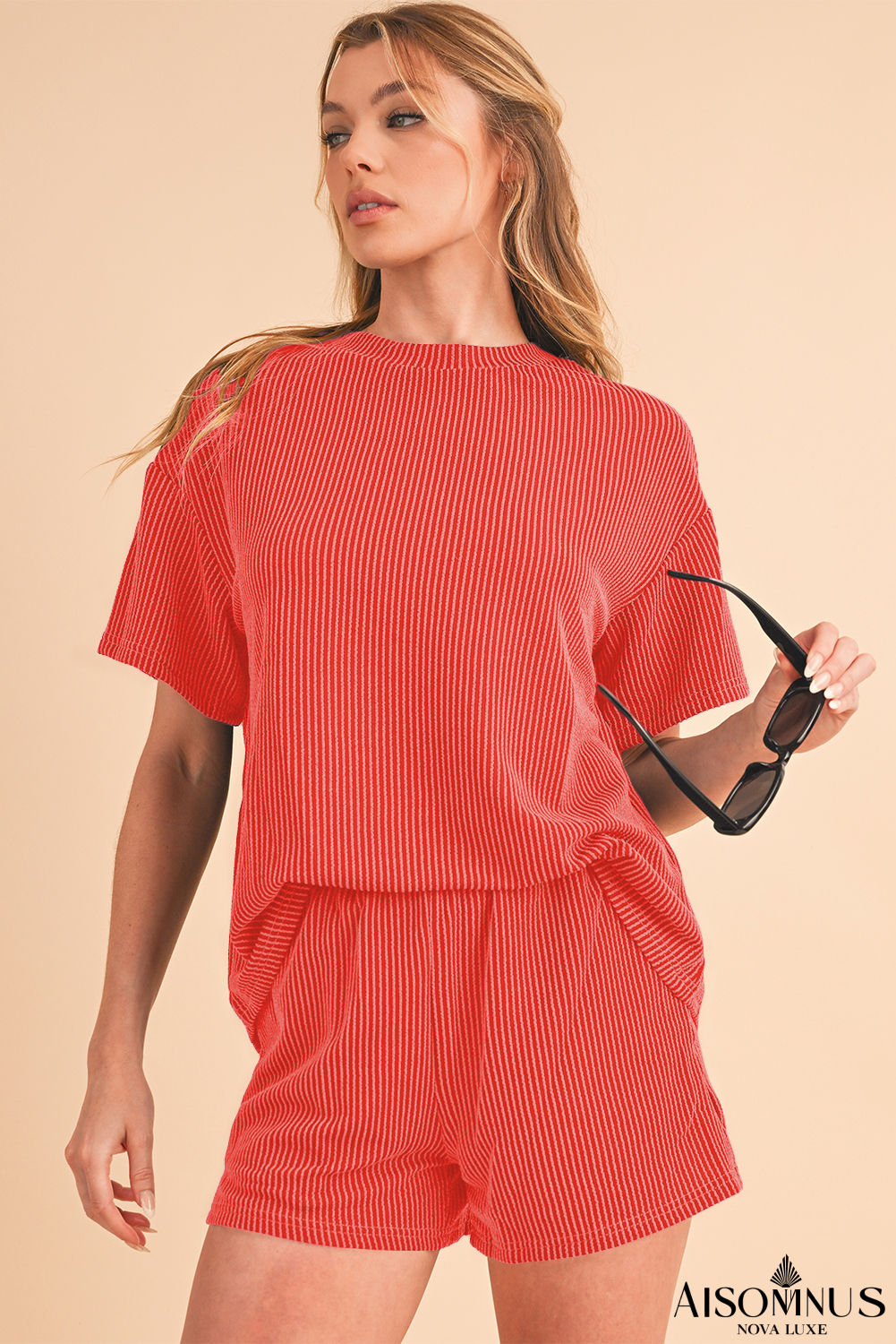 Orange Ribbed Textured Loose Fit Tee & Shorts Set
