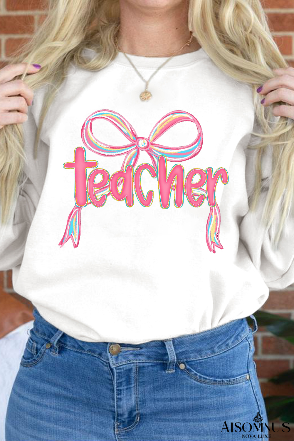 White teacher Bow Graphic Pullover Sweatshirt