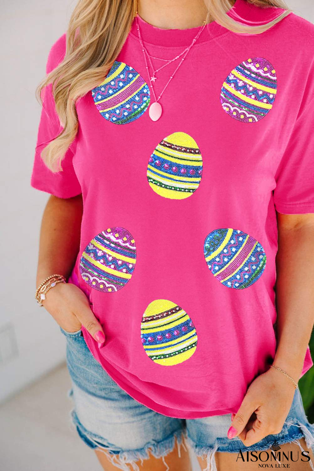 Rose Red Sequin Easter Egg Graphic Casual T Shirt