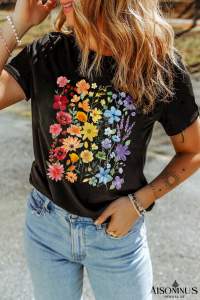 Black Flower Print Cotton Blend Casual Tee
