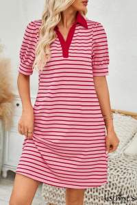 Red Stripe Collared V Neck Puff sleeve Mini Dress
