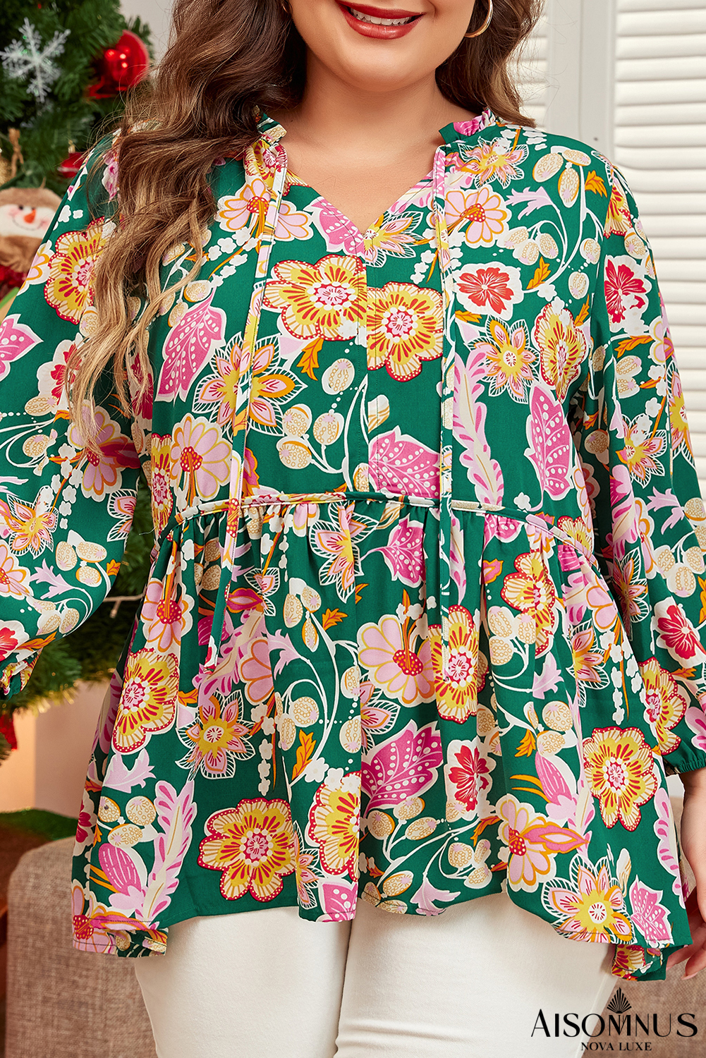 Green Floral Print V Neck Plus Size Babydoll Top