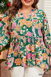 Green Floral Print V Neck Plus Size Babydoll Top