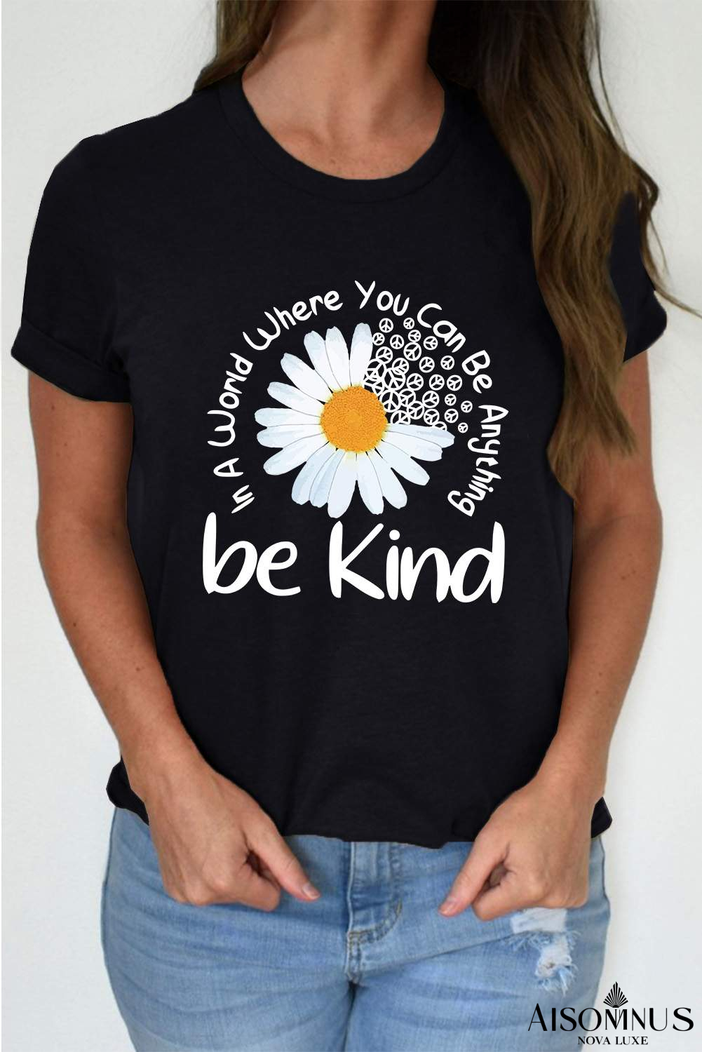 Black Casual be Kind Daisy Slogan Graphic Crewneck Tee