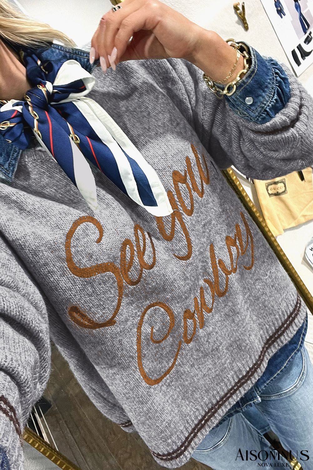 Light Grey Letter Embroidered Graphic Sweater