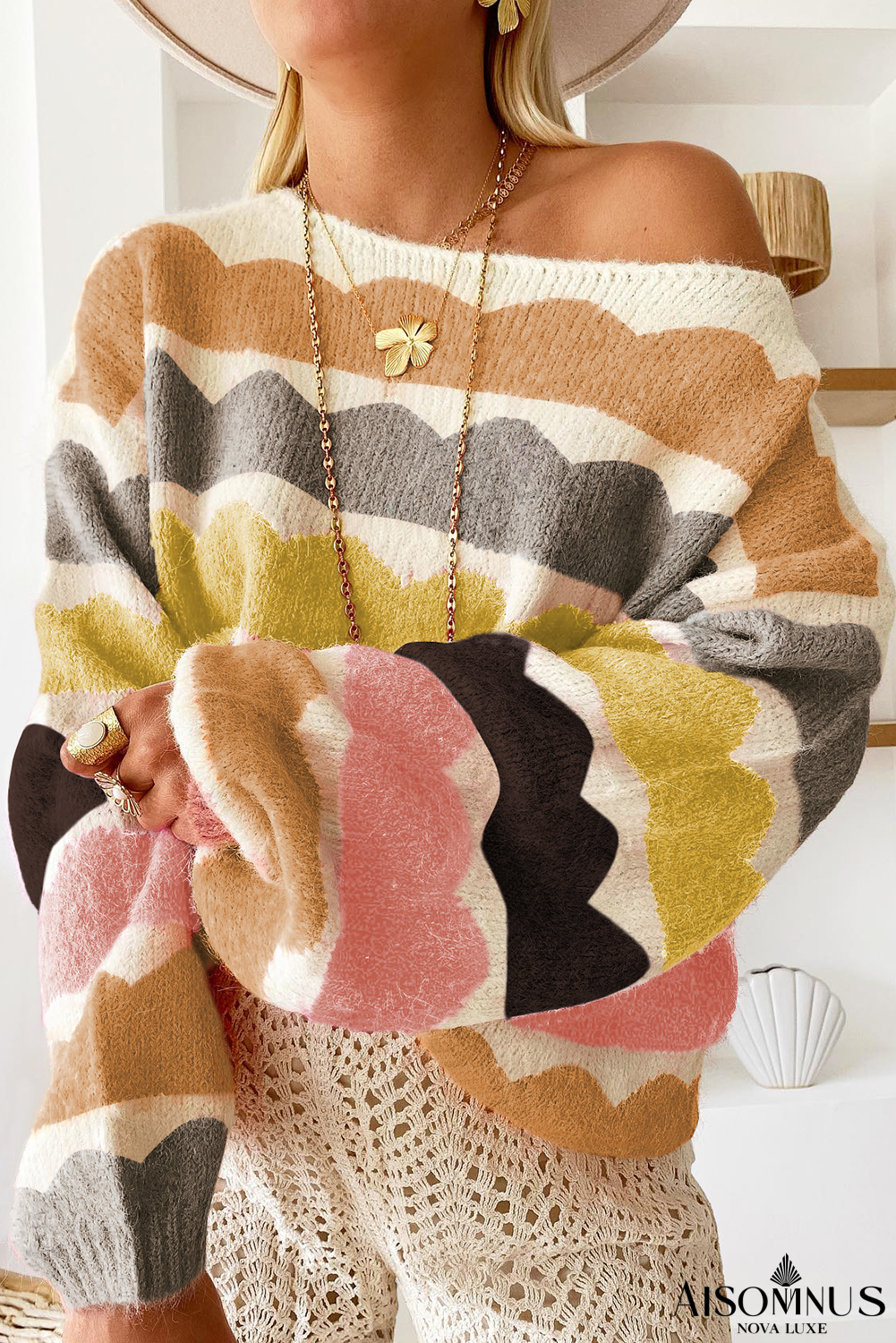 Yellow Wave Striped Balloon Sleeve Drop Shoulder Sweater