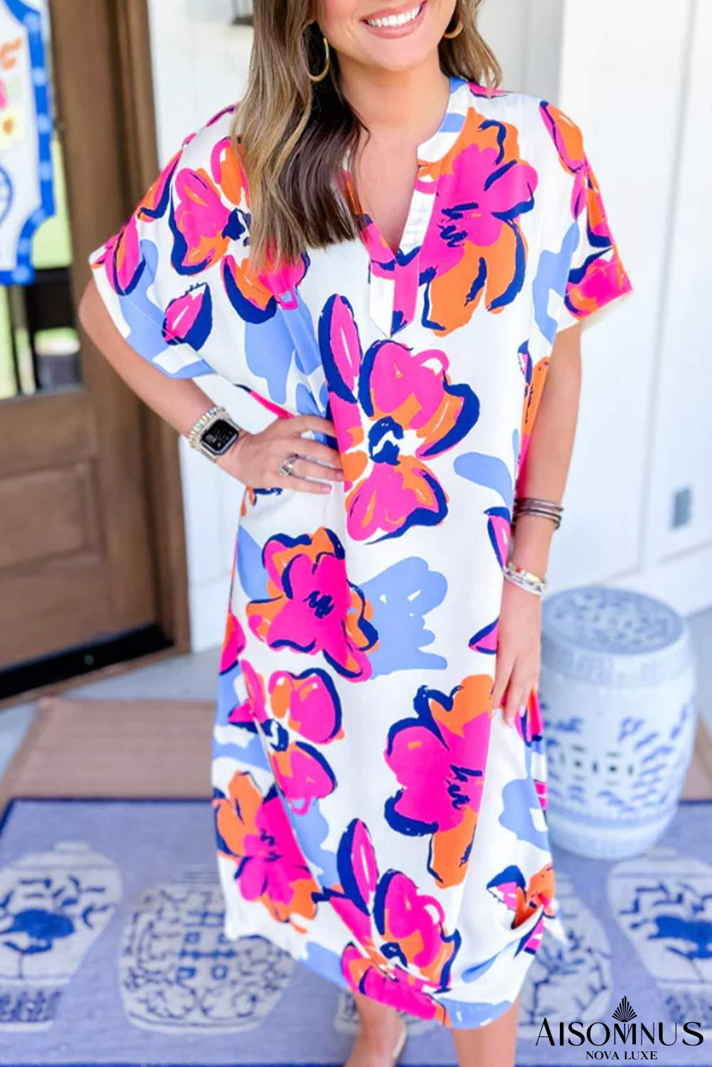 Multicolour Floral Print Split Neck Midi Dress