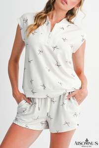 Beige Bow Print Half Zip Tank Top and Shorts Set