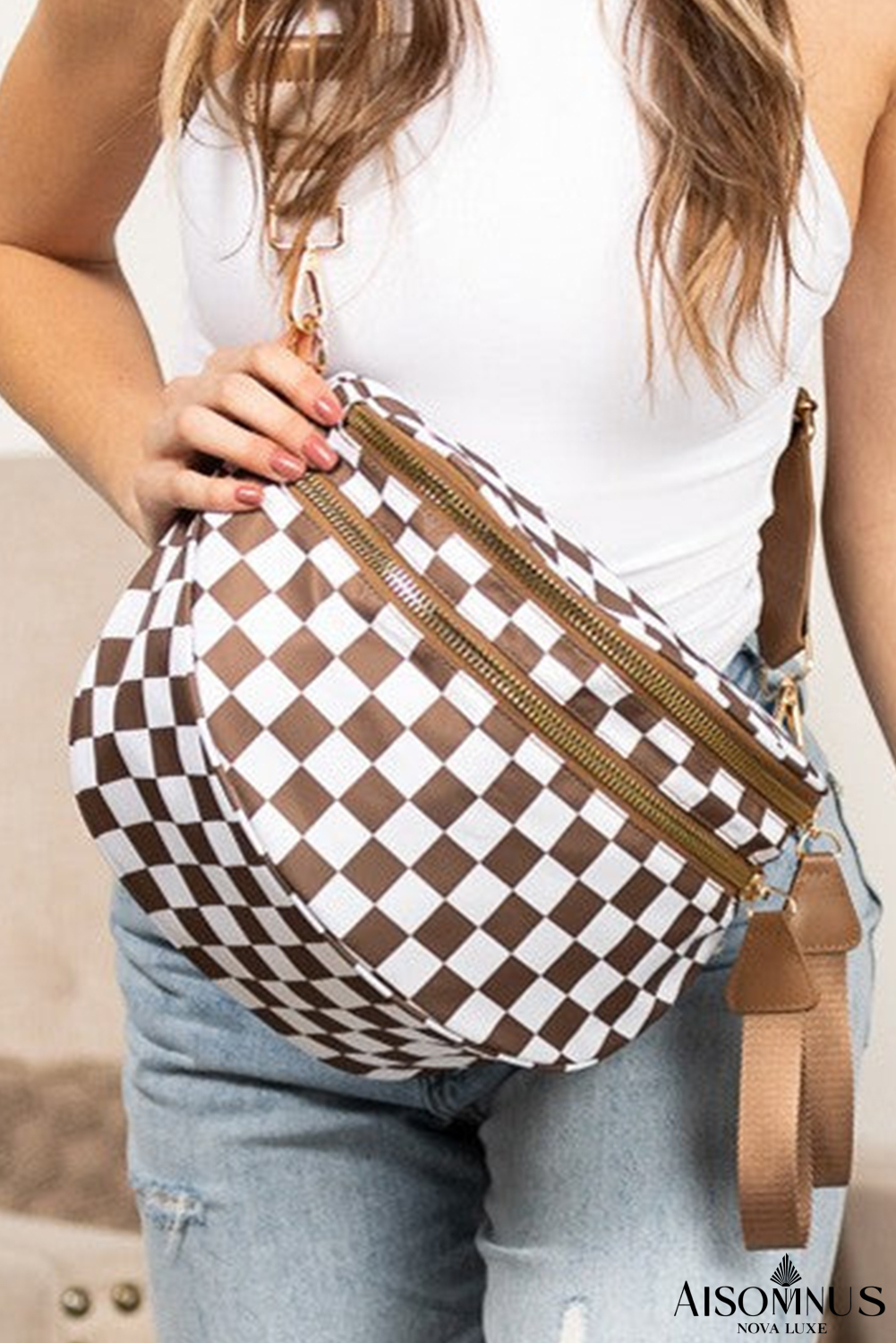 Chestnut Checkered Print Wide Strap Large Crossbody Bag