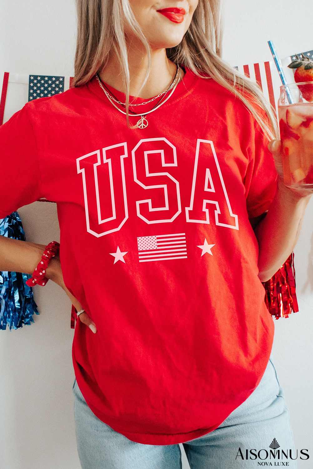 Red USA American Flag Print Crewneck T Shirt