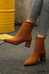 Thai Curry Pointed Toe Knit Chunky Heel Ankle Boots