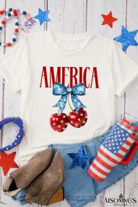 White AMERICA Bow Cherry Print Crewneck T Shirt