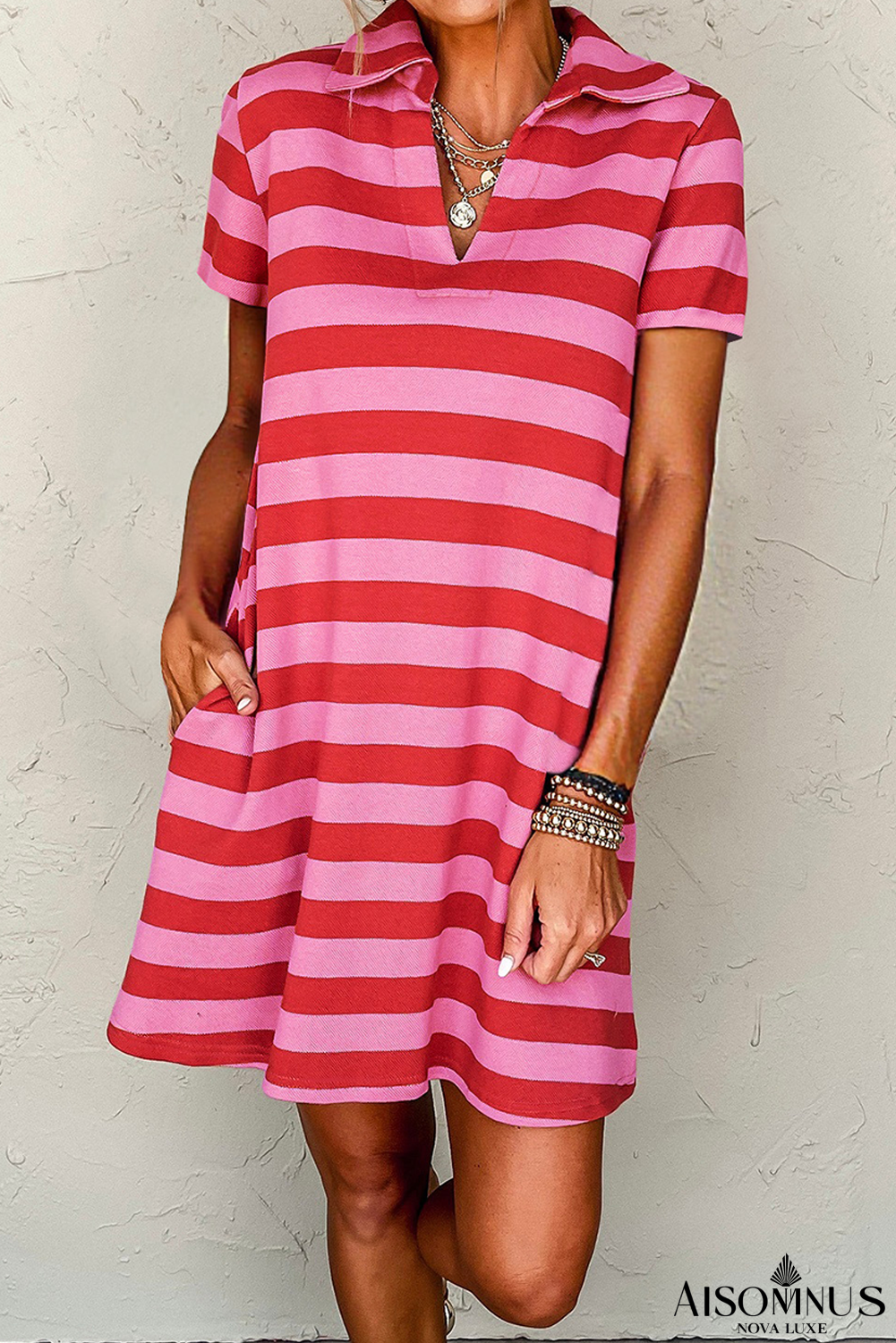 Red Stripe Collared V Neck Shift Mini Dress