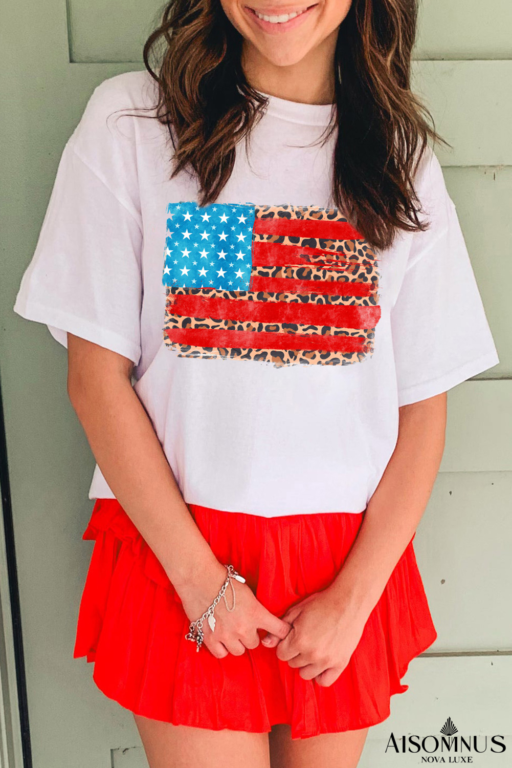 White American Flag Leopard Graphic T Shirt