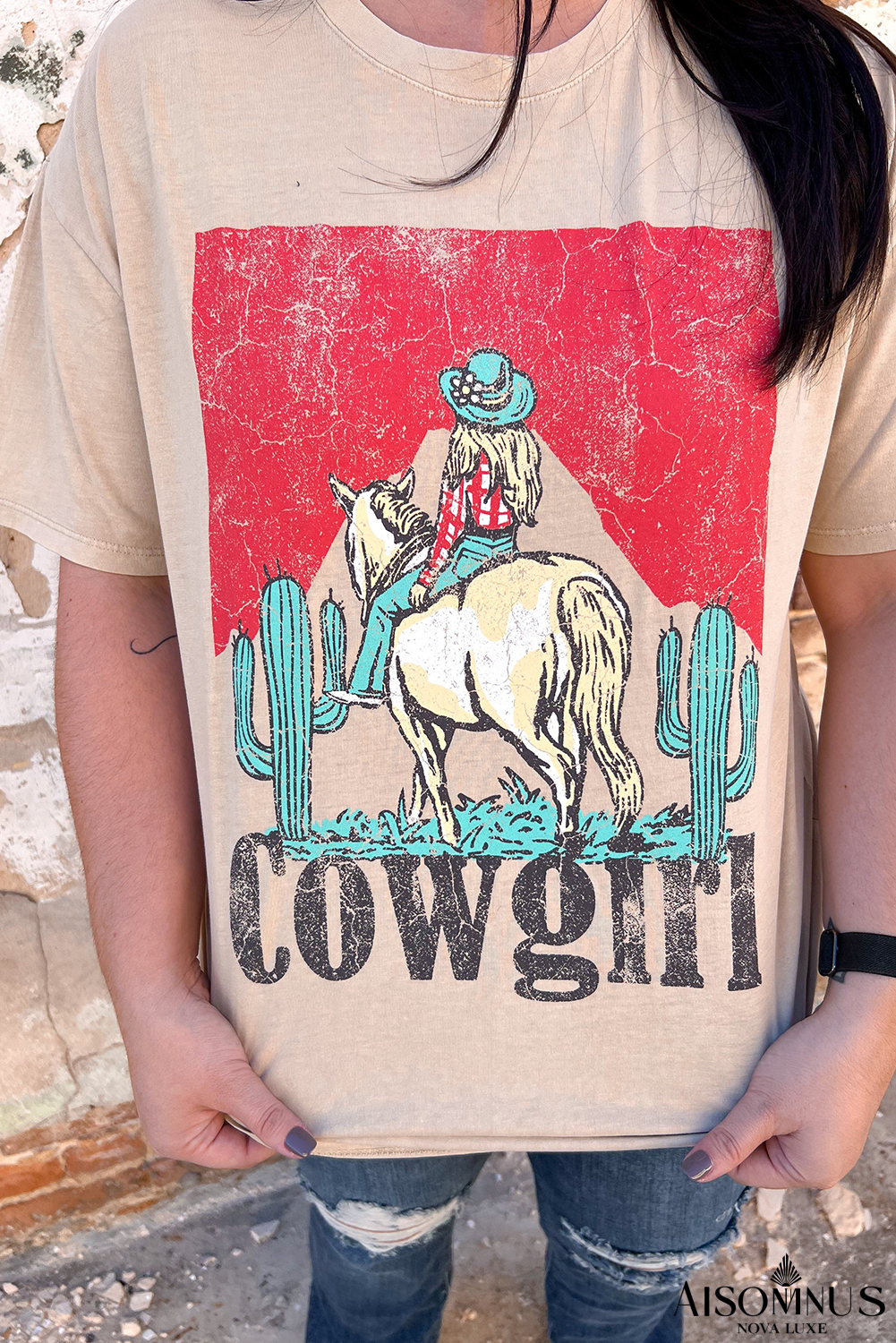 Khaki Cowgirl Slogan Print Rodeo Graphic Tee