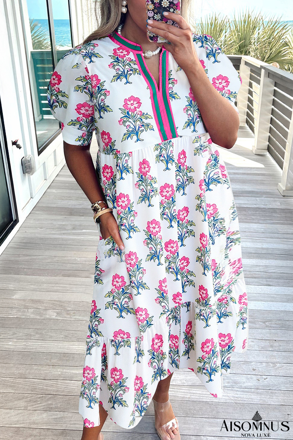 White Allover Floral Print Pop of Color Neckline Puff Sleeve Plus Size Dress