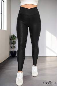 Black Crossed Dip Waist Sleek Leather Leggings