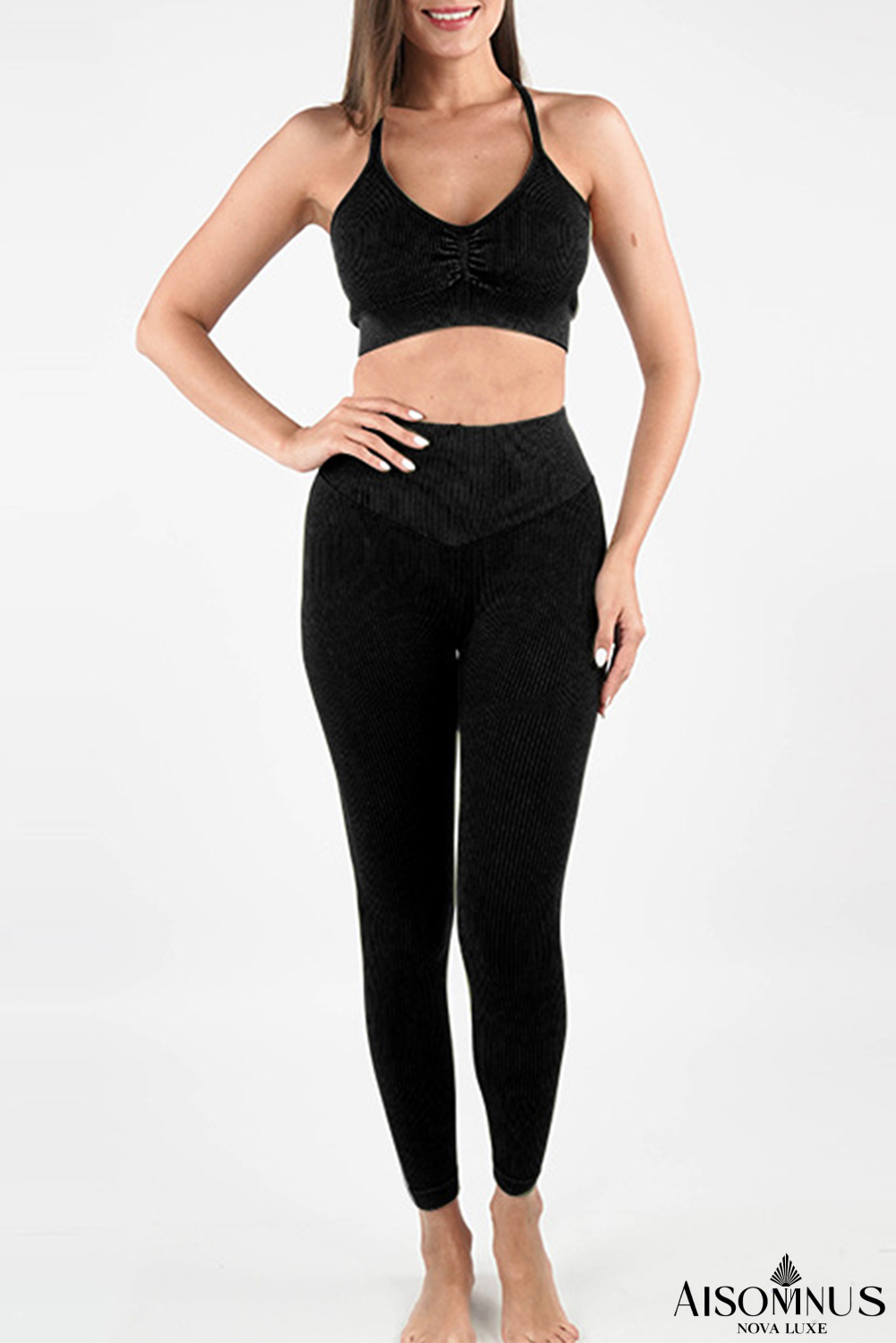 Black Seamless Ribbed Spaghetti Straps Bra Leggings Sports Set