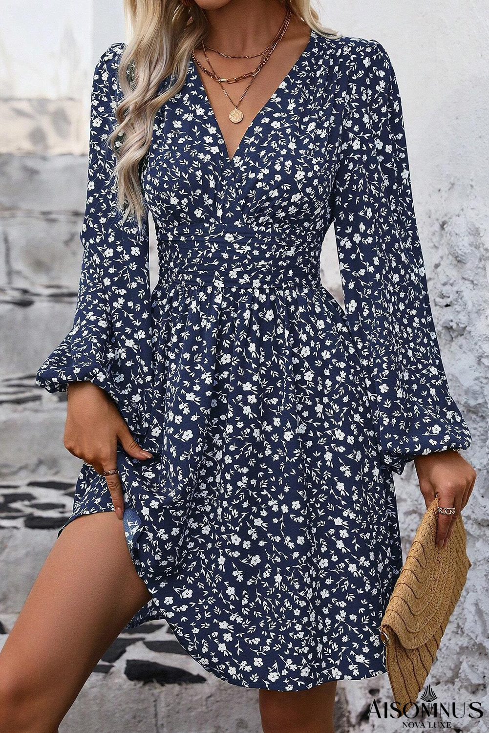 Dirty Blue Floral Print V Neck Long Sleeve Mini Dress