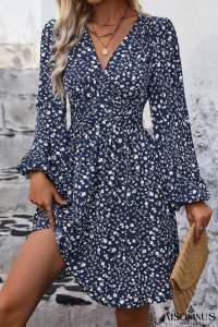 Dirty Blue Floral Print V Neck Long Sleeve Mini Dress