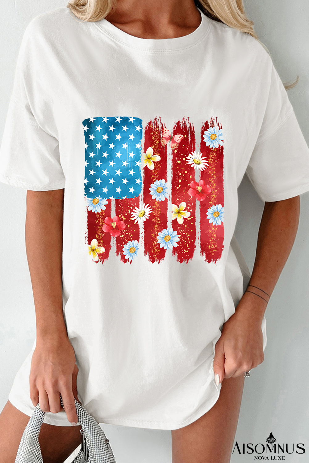 White USA Flag Floral Print July 4th T Shirt