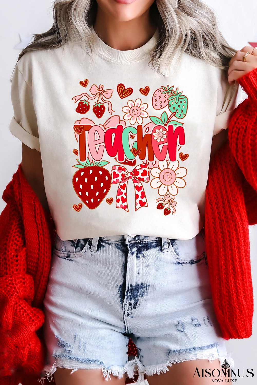 White Cute Strawberry Floral Teacher Graphic Custom Tee