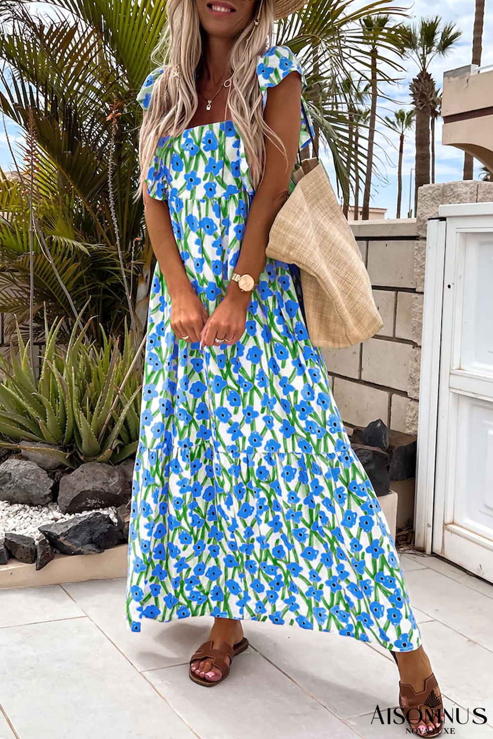 Blue Floral Print Square Neck Ruffled Strap Maxi Dress