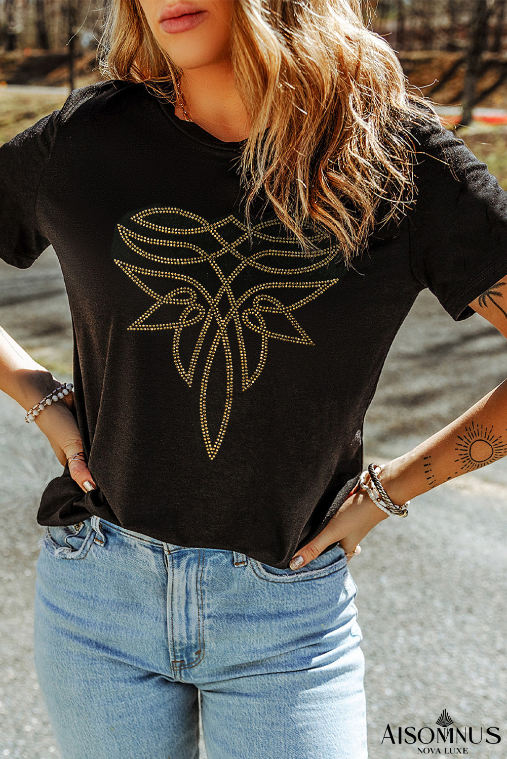 Black Rhinestone Boot Stitch Pattern Printed Cotton Blend Tee