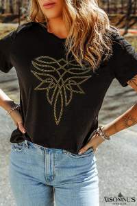 Black Rhinestone Boot Stitch Pattern Printed Cotton Blend Tee