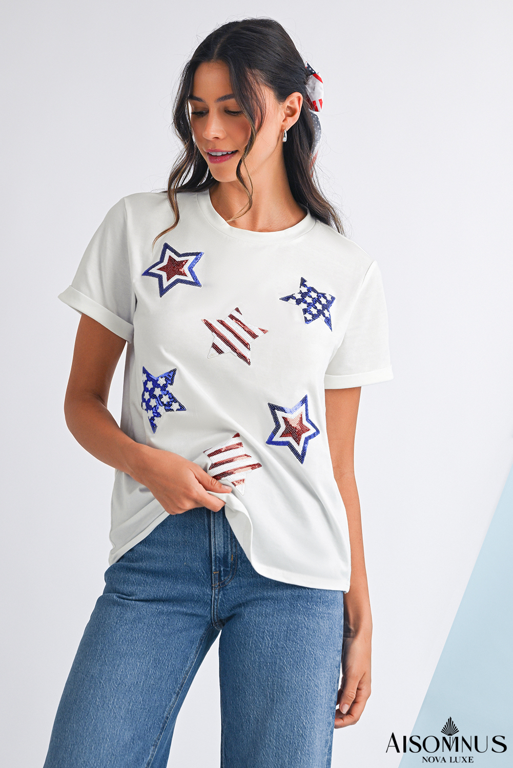 White Sequin Stars Patched Casual T Shirt